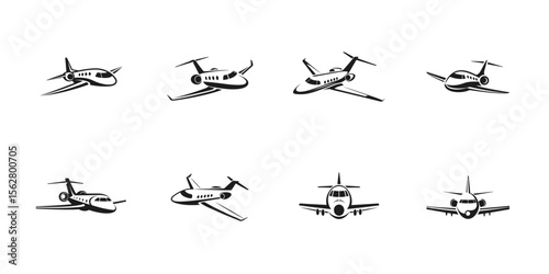Silhouette icons of private jets in black, luxury airplane vector set, business aircraft flight illustrations, minimal aviation graphic design elements

