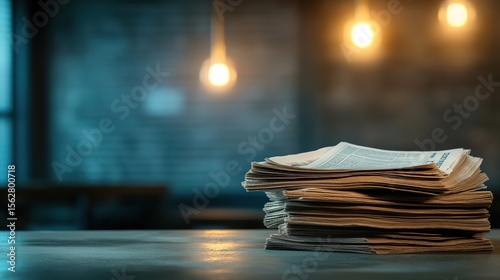 Pile of Newspapers on Table with Soft Lighting in Cozy Interior Space
