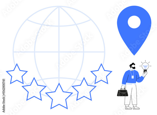 Globe surrounded by five stars, a location pin, and a man holding a lightbulb symbolizing innovation. Ideal for global business, quality, innovation, customer feedback, location services, creativity