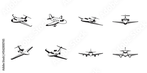 Black silhouette business jet icon set, private aircraft vector symbols, aviation illustrations of airplane transport, minimal luxury flight collection

