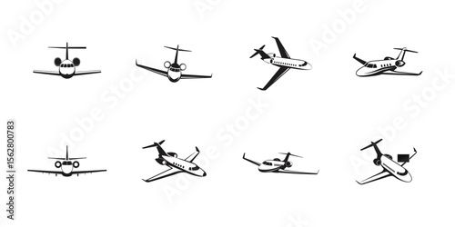 Minimal black silhouette jet icon set, private aircraft vector collection, aviation transport symbols, corporate airplane pack for design and branding


