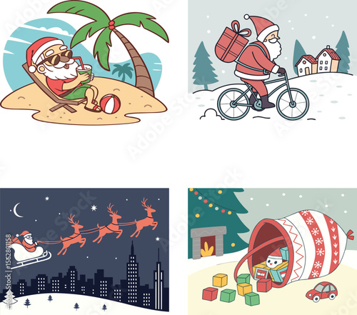 Colorful cartoon vector illustration of a fun summer beach party, perfect for a holiday poster or card design, with kids celebrating under a palm tree by the sea