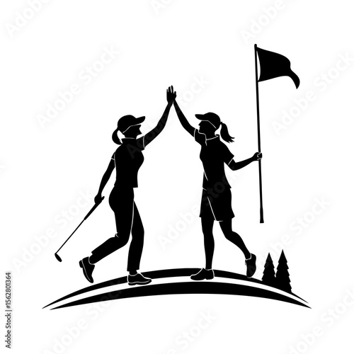 Two female golfers in silhouette celebrating with a high five near the flag on a golf course