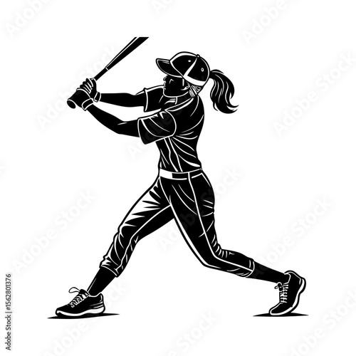 Silhouette of a female baseball player in action swinging a bat with a ponytail and cap