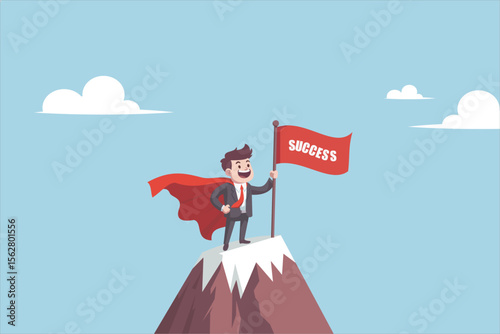 Businessman in a suit and red cape standing triumphantly on a mountain peak, holding a red flag with the word “SUCCESS.” Concept of achievement, leadership. Vector illustration.