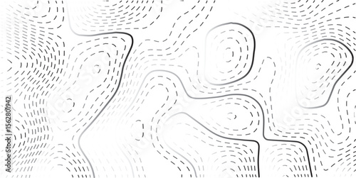 Vector illustration. Abstract topographic map. Thin black dashed contour lines on white background