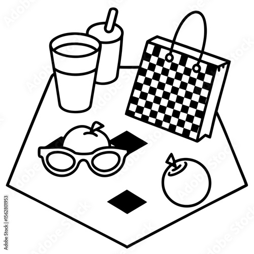 Top-down vector view of a summer picnic: fruits, book, sunglasses, lemonade on a checkered blanket — no people