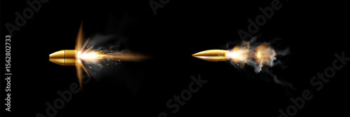 Gunshots, bullet in motion, military smoke trails. Realistic flying bullet in motion. Smoke traces isolated on transparent background. Handgun shoot trails.