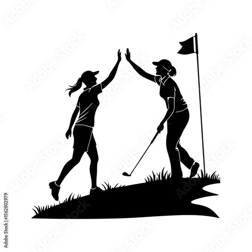 Two female golfers celebrate a successful shot with a high five near the flag on a grassy golf course