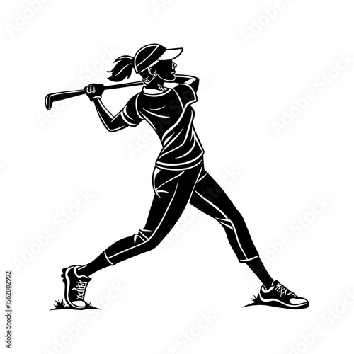 Silhouette of a woman golfer in motion executing a powerful swing with a golf club on a white background