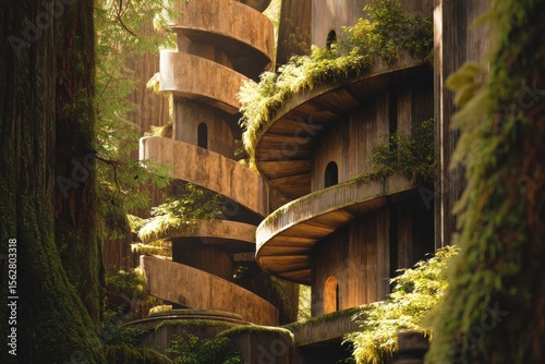 Eco-Integrated Spiral Architecture Harmoniously Blending with Ancient Forest Canopy, Featuring Moss-Covered Wooden Structures Bathed in Warm Light Amid Towering Greenery and Nature