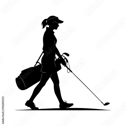 Silhouette of a female golfer walking with her bag and club on a white background