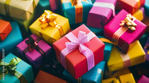 A joyful pile of colorful gift boxes tied with playful ribbons, evoking childhood excitement and wonder.