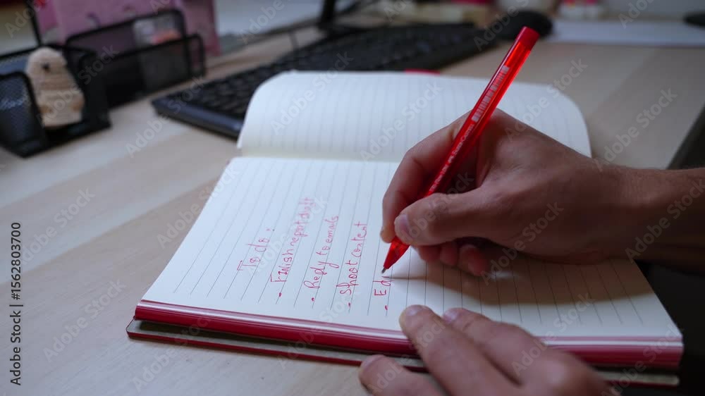 Person completing handwritten task list in red pen—perfect for productivity, organization, planning, or study visuals.