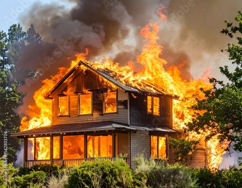A house is engulfed in flames, with fiery destruction consuming the roof, windows, and structure of the dwelling. Embers and smoke billow, creating a scene of devastation.