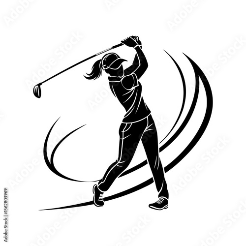 Dynamic silhouette of a female golfer swinging a club with stylized motion lines creating a sense of action