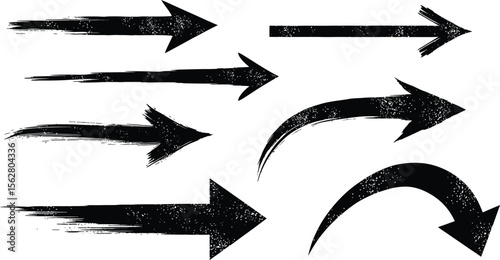 A collection of black brush stroke arrows pointing in various directions on white