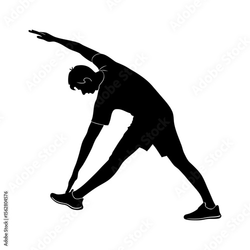 Silhouette of a man in athletic wear performing a side stretch reaching towards his toes with one arm extended upwards