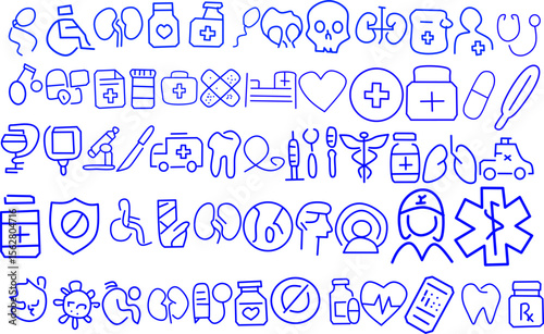 Set of 50 blue medical and healthcare line icons including doctor, pills, wheelchair, syringe, ambulance, heart, and virus in modern outline style.