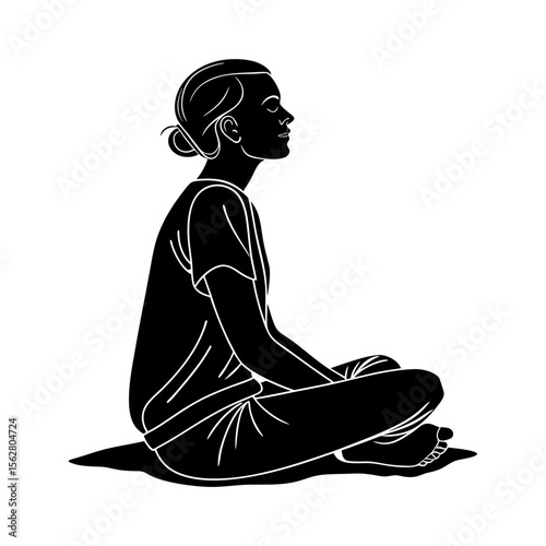 Stylized black silhouette of a woman meditating peacefully in a seated cross legged position with eyes closed