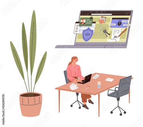 Woman seated at office desk using a laptop, plant decor, large laptop screen illustrating cybersecurity, GDPR compliance, and data protection tools. Ideal for office, cybersecurity, remote work