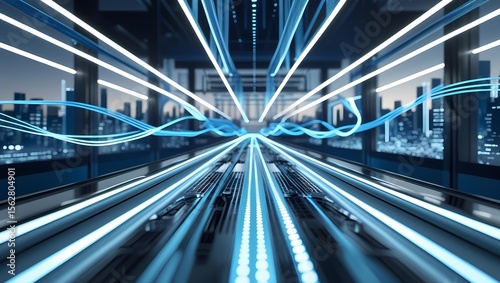 Digital Highway: A breathtaking digital cityscape showcasing the relentless flow of data through a futuristic thoroughfare, lines of data stream with speed.