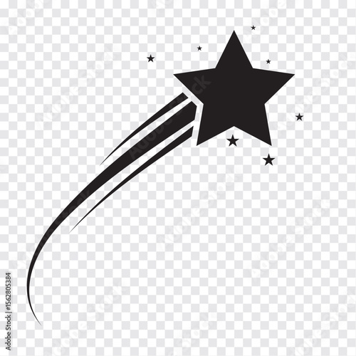 Shooting stars icon vector set. Black falling stars icon. Meteorite and comet symbols.  Flying comet with tail, falling meteor, abstract galaxy element. Vector illustration.