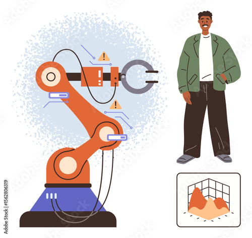 Robotic arm equipped with alert symbols and a monitoring screen. Engineer stands nearby analyzing data. Ideal for technology, engineering, AI, manufacturing, industry, innovation automation. Simple