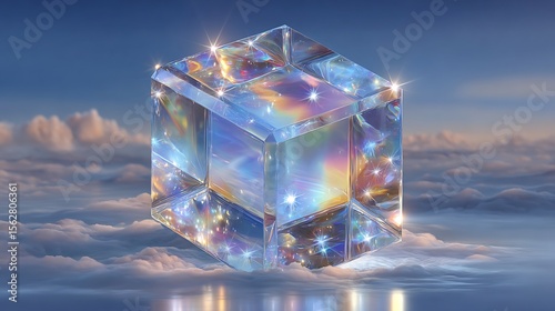 Celestial Cube: A Dreamlike Glass Cube Floating Above Clouds