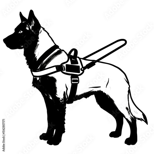 Guide dog standing still in harness with focus and determination  