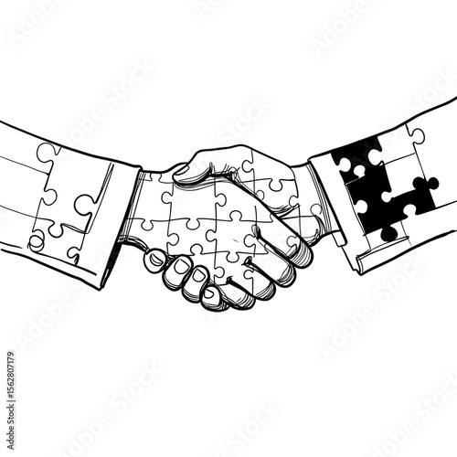 Hands shaking with puzzle pieces symbolizing partnership and unity  