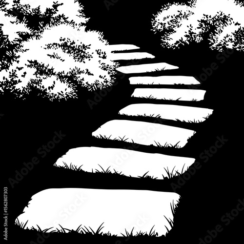 Stone pathway leading through foliage in a black and white style  