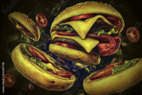 Colorful burger art in flight