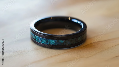 Close-up of a black tungsten ring with a teal inlay