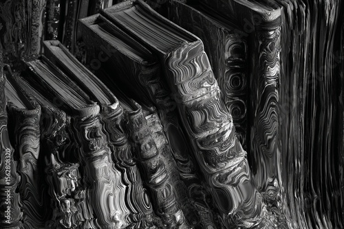 Abstract Swirl Patterned Books in Monochrome Shelves Forming a Textural Flow of Melted Ink and Lines in Surreal Artistic Grayscale Library Composition