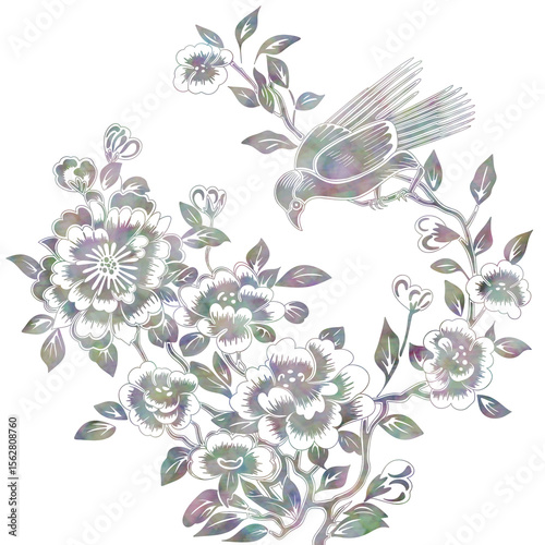 자개 스타일의 전통 꽃과 새 일러스트 : Traditional Mother-of-Pearl Style Illustration of Flowers and Bird 