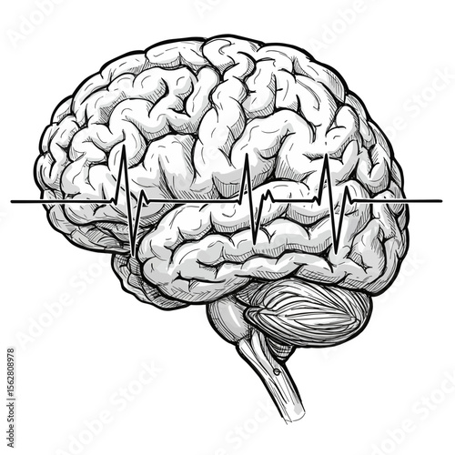 Brain with pulse line depicting human anatomy in monochrome style  