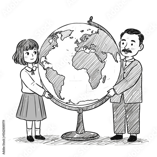 Two people holding globe and studying geography in classroom  