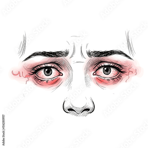 Itchy eyes illustration with red irritation around the eyelids  