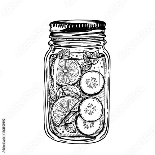 Detox water jar with citrus slices and mint leaves in glass  
