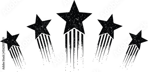 Five black stars with trailing lines on a white background illustration