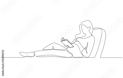 Continuous one line drawing of pregnant woman resting and reading a book, single line art