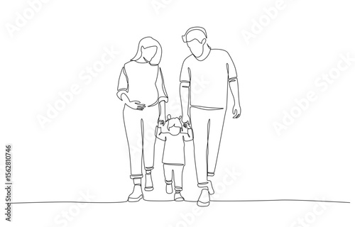 Continuous one line drawing of father and mother taking their daughter to walk together, family bonding and togetherness concept, single line art