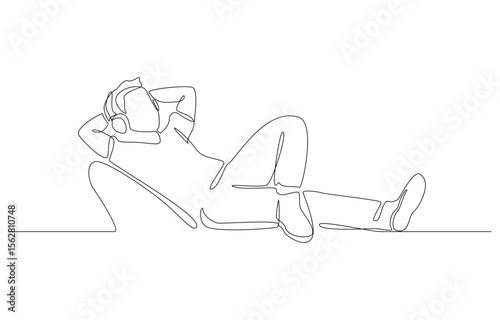 Continuous one line drawing of young man lying on his back listening to music with ease, personal relaxation through music concept, single line art