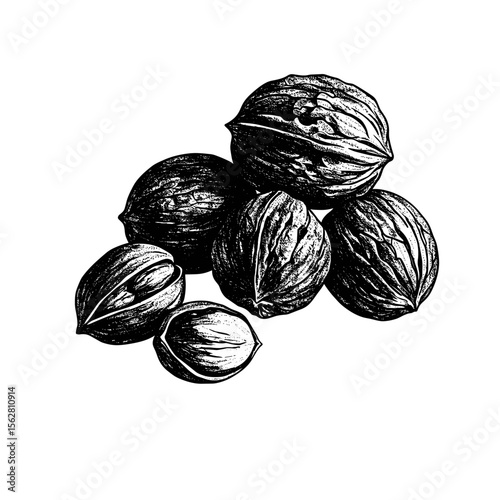 Hand-drawn walnuts stacked on white background  