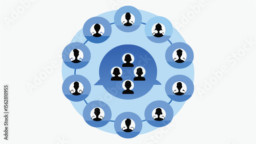 Illustration of a network of people connected in a circular pattern with a central group of people