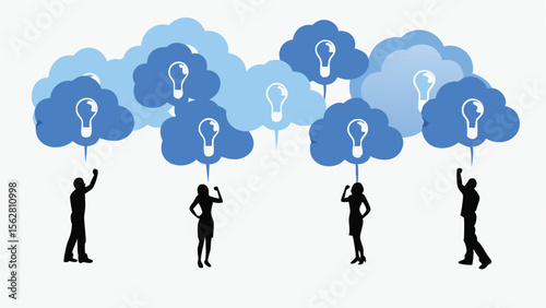 Silhouetted figures reaching for idea clouds with lightbulbs on a white background showing innovation concept