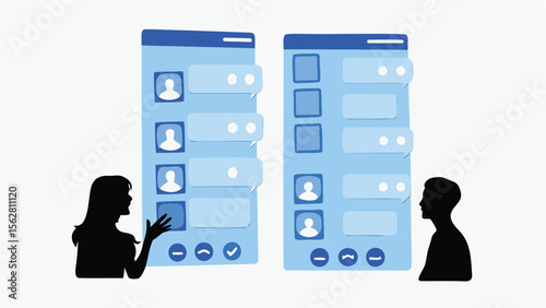Illustration of two people silhouetted beside phones with chat interfaces on a white background