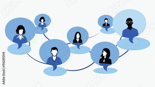 Illustration of a network of people connected by lines and speech bubbles on a white background scene