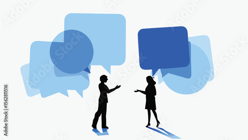 Silhouetted figures engaged in a dialogue with speech bubbles conveying conversation and interaction shown